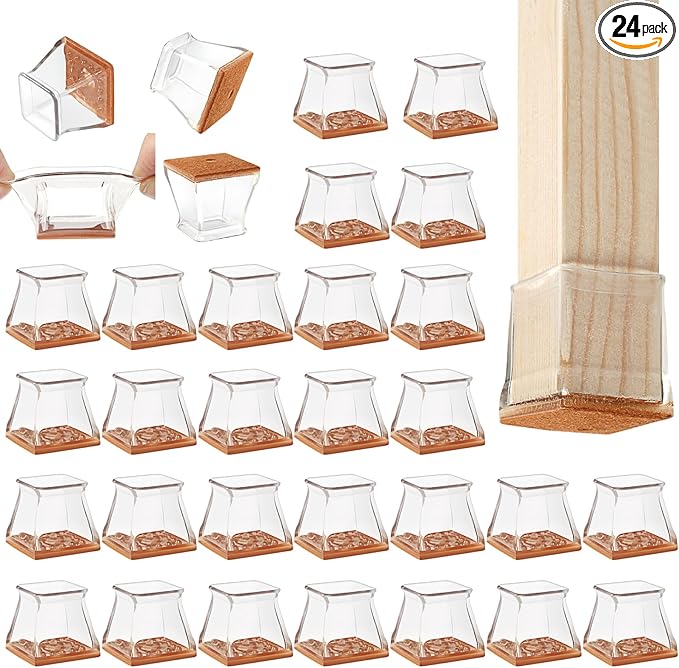 CHUNZEXI 24 Pack Square Chair Leg Floor Protectors for Hardwood Floors, Silicone Felt Covers Pads Caps, Protect Wood Furniture Feet Floors Noise Reduce and Scratch (Square Large & Clear)