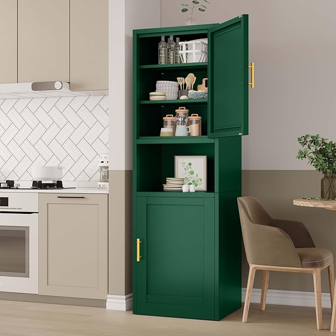 67" Tall Narrow Storage Cabinet Metal Bathroom Cabinet with 2 Doors & 4 Adjustable Shelves, Standing Pantry Cabinets Cupboard for Kitchen, Dining Room, Living Room and Bathroom (Green)