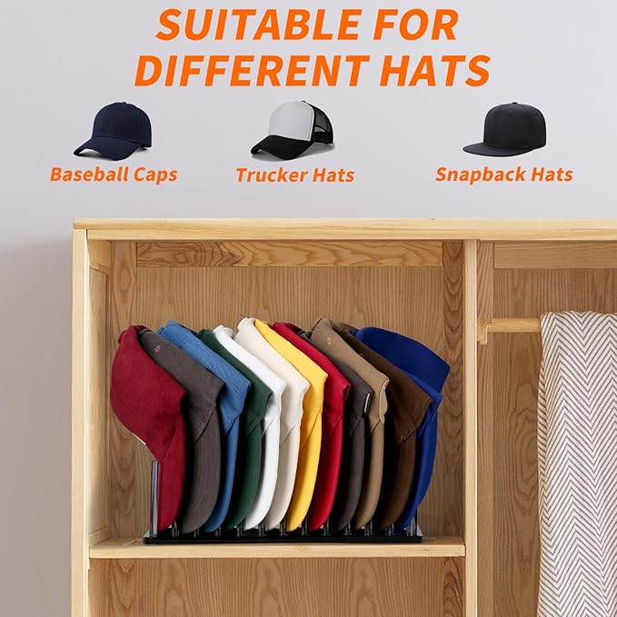 Kadolina Hat Organizer for Baseball Caps, Acrylic Hat Rack for 12 Baseball Caps, Hat Holder Display and Organizer for Closet, Tabletop, Dressing Table (Transparent Black)