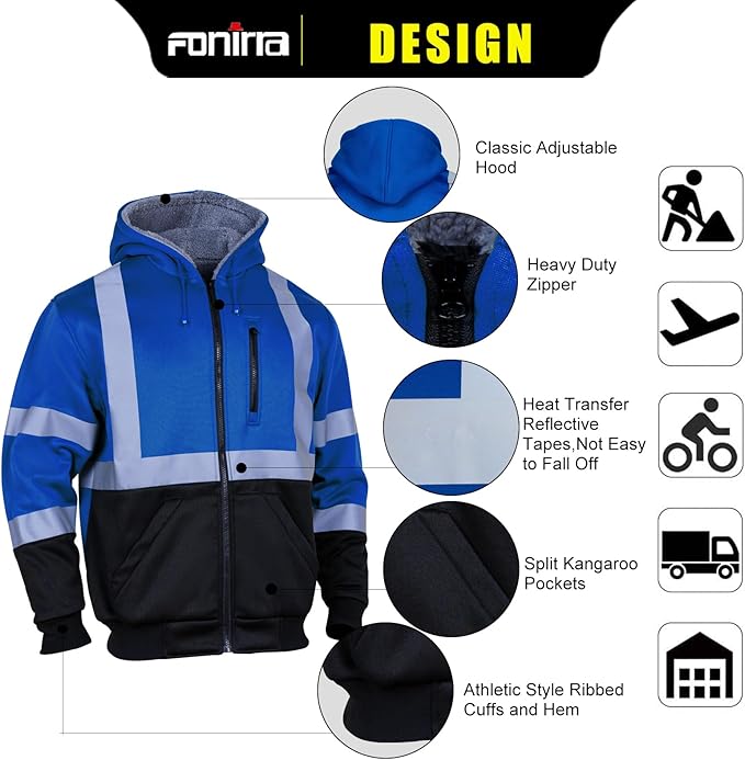 FONIRRA Men's High Visibility Safety ANSI Class 3 Lined Fleece Hoodie Sweatshirt with Black Bottom Jumper Workwear for Men(Blue,S)
