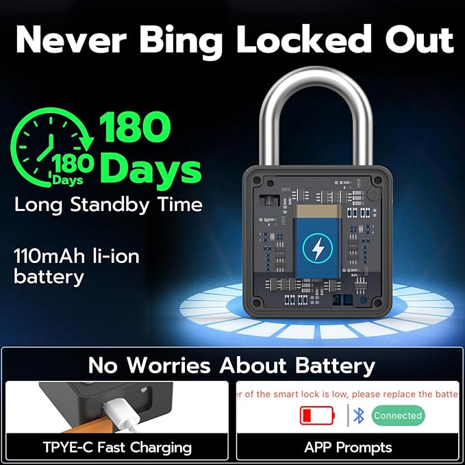 Smart Lock Combination Padlock, Fingerprint Gate Lock with Codepad, Biometric Keyless Combo Lock with Bluetooth APP, Waterproof for Storage Unit Outdoor Fence Gate Shed Gym Locker