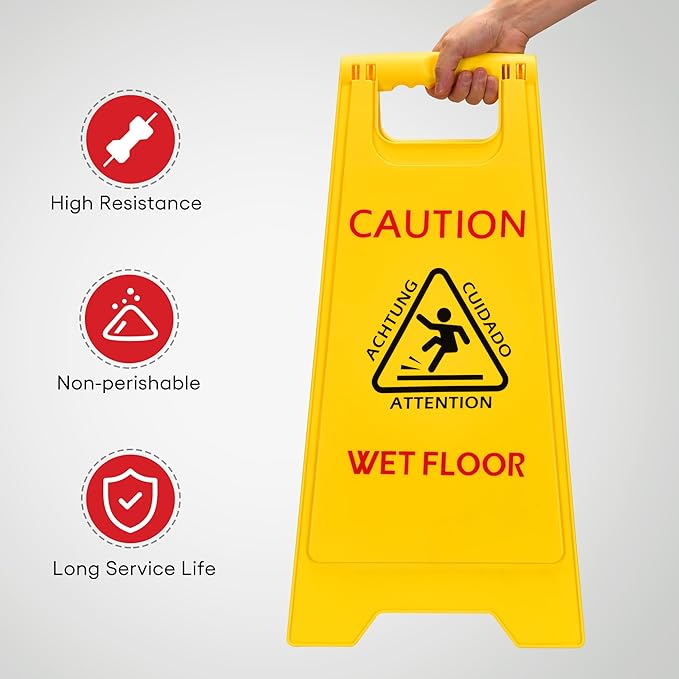 MATTHEW CLEANING 25'' Industrial Wet Floor Sign 3 Pack 2-Sided Safety A-Frame Birght Yellow Multilingual Warning Signs Commercial Caution Wet Fold-out Floor Signs For Indoors and Outdoors