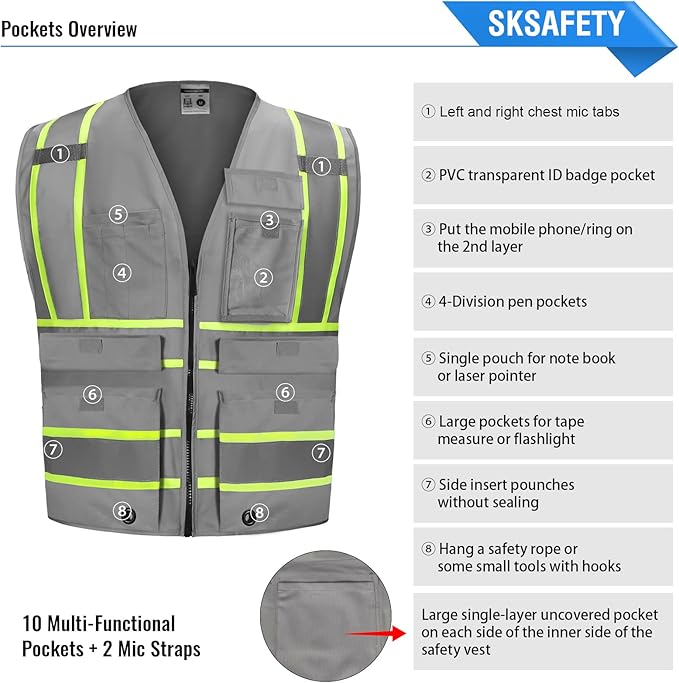 SKSAFETY 10 Pockets Safety Vest, Class 2 High Visibility Security with Zipper, Hi Vis Vest with Reflective Strips, ANSI/ISEA Standard, Construction Work Vest for Men ＆ Women （Grey,L）