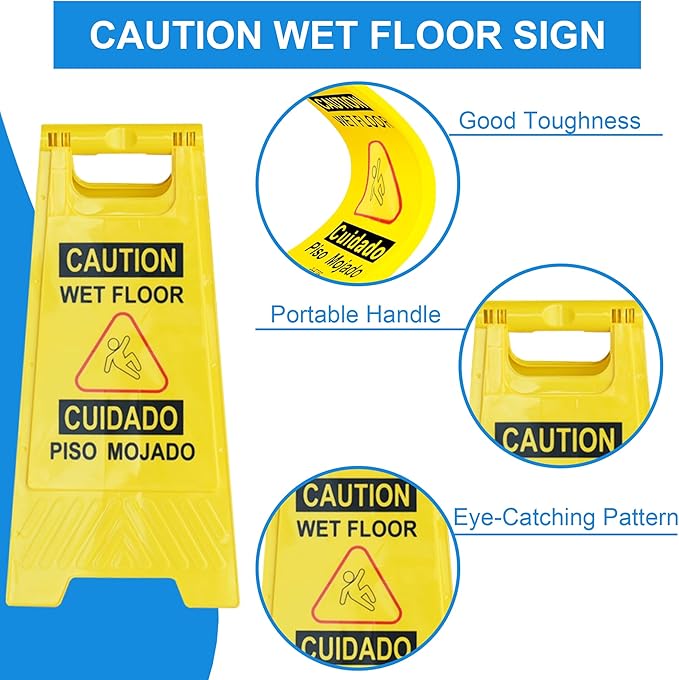OrangeStar 12-Pack Caution Wet Floor Sign, 23.2” Double-Sided Bilingual Warning Signs for Commercial Use, Foldable A-Shaped Frame Safety Sign, Yellow