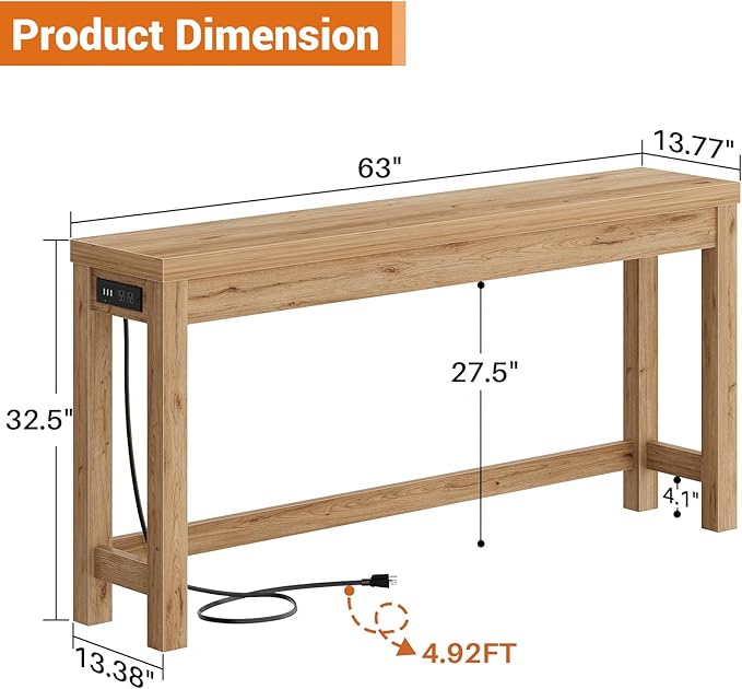 Cyclysio 63" Console Tables for Entryway, Long Console Tables for Living Room, Behind Couch Table, Sturdy Wood Support Farmhouse Entryway Table with 3AC+2USB Charging‌ Station, Natural Oak