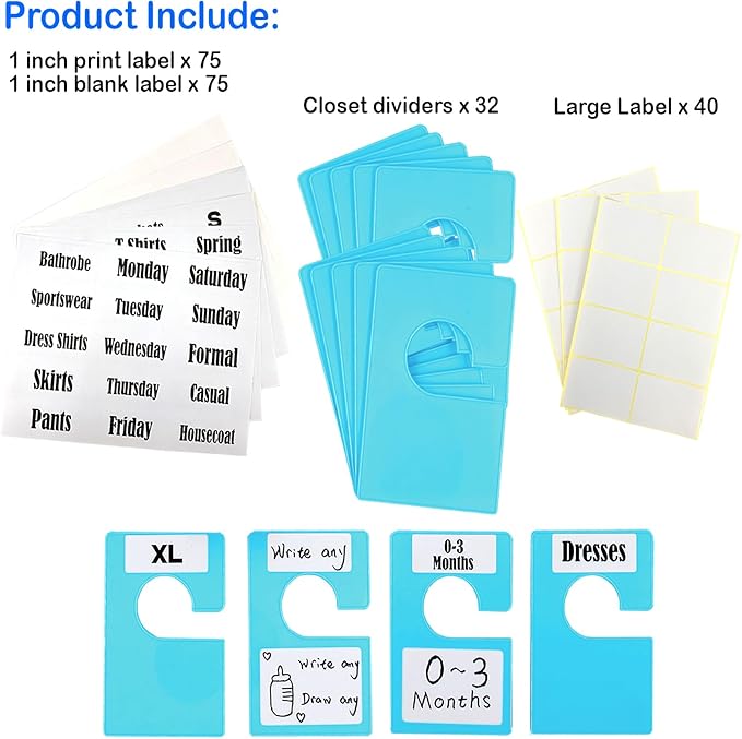 32 Pack White Clothing Rack Size Dividers Plus 75 Labels (1 Inch) and 30 Large Blank Labels, Large Rectangular Clothing Closet Dividers (Blue)