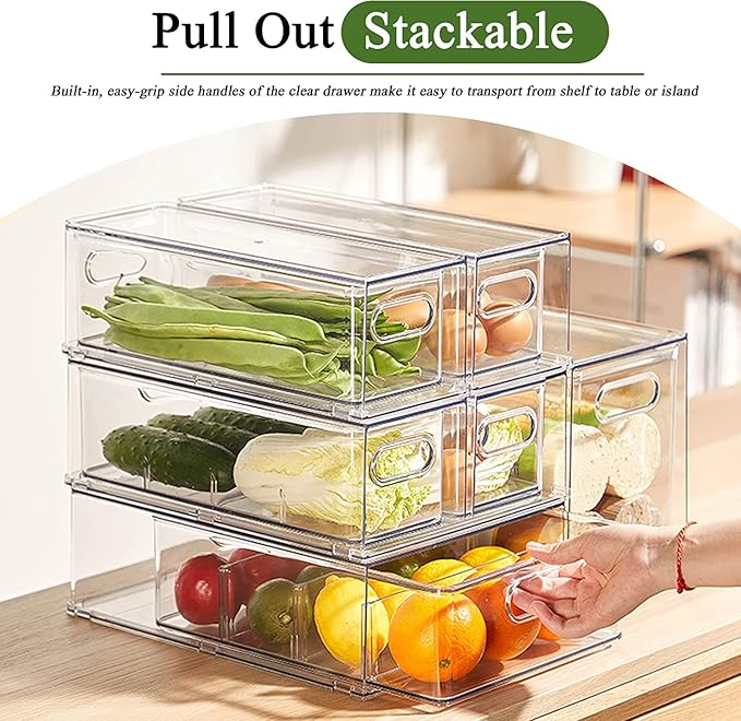 4 Pack Clear Storage Drawer Set, Stackable Fridge Drawer Organizer Fruit Vegetable Storage Containers for Kitchen Pantry Organization,BPA-Free
