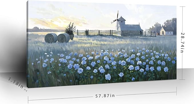 amatop Oversized Farmhouse Wall Art: Blue Rose & Windmill Botanical Landscape Canvas Print - Large Tranquil Floral Scene, Ideal for Living Room, Dining Room, or Hallway Decor | 58x29 Inches