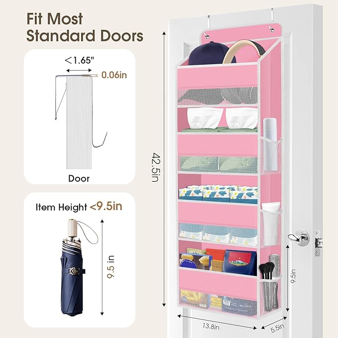 2 Pack Over The Door Organizer Hanging Storage Organizers with Clear Window 40lb Large Capacity Room Organizer for Pantry Laundry Bathroom Nursery Closet(Pink)