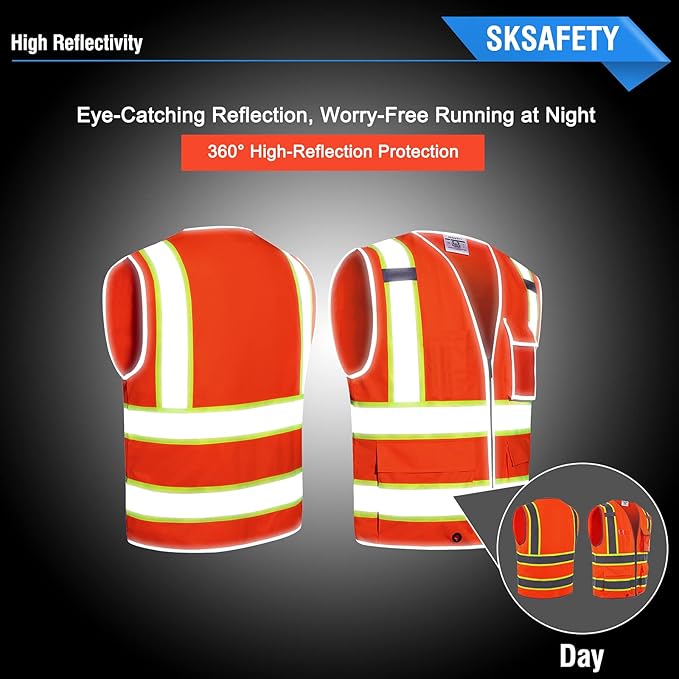 SKSAFETY 10 Pockets Safety Vest, Class 2 High Visibility Security with Zipper, Hi Vis Vest with Reflective Strips, ANSI/ISEA Standard, Construction Work Vest for Men ＆ Women （Orange, 5XL）