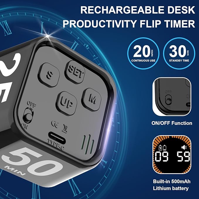 Rotating Cube Pomodoro Timer 5, 25, 10, 50 Min Preset + Custom Countdown, Desk Productivity Flip Visual Timer w/Silicone Case, Silent Mode, Ideal for ADHD Tool Study Work School (Black)