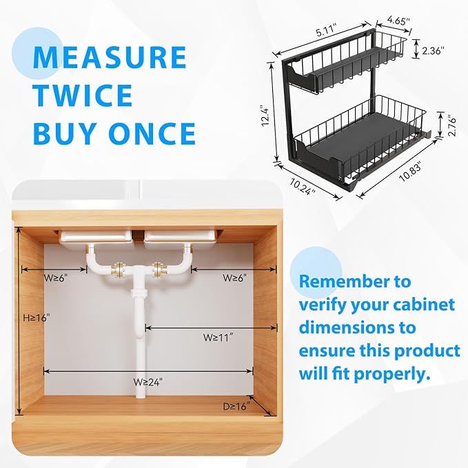 2 Pack Under Sink Organizer, Under Sink Organizers and Storage, Smooth & Silent Sliding Out Metal Drawer for Kitchen Bathroom Pantry Cabinet Closet Black（L-2PC）
