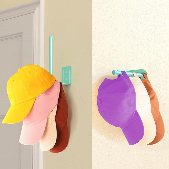 2 Pack Hat Racks for Baseball Caps, Stainless Steel Hat Organizer for Baseball Cap, Hat Holder Storage Organizer, Hat Hanger Strong Adhesive/Wall Drilled for Door, Bedroom, Closet(Light Blue 6 in)