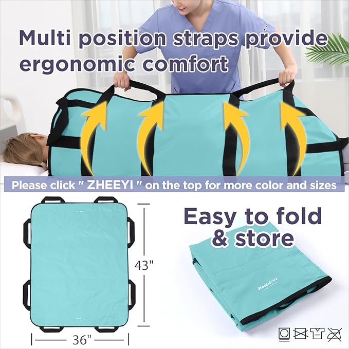 Positioning Bed Pad with Reinforced Handles 43" x 36" Patient Transfer Sheet Aid Assistant for Body Lifting, Turning, Repositioning, for Elderly, Incontinence, Caregiver, Aqua Blue