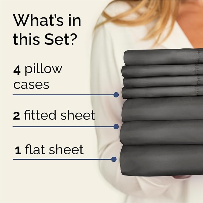 Split King 7 Piece Sheet Set - Cooling and Breathable Bed Sheets - Hotel Luxury Bed Sheets for Women, Men, Kids & Teens - Deep Pockets - Easy Fit - Soft and Wrinkle Free - Split King Charcoal Sheets