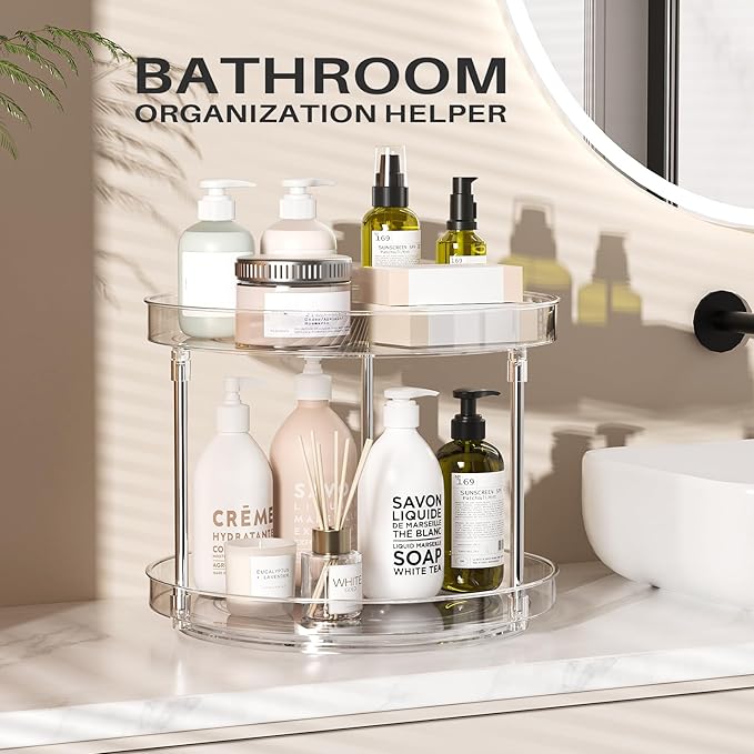 2 Pack 10.6-Inch 2 Tier Lazy Susan Organizer, 360 Degree Rotating Clear Turntable for Cabinet, Makeup and Perfume Organizer for Vanity, Kitchen, and Bathroom Counter Tray