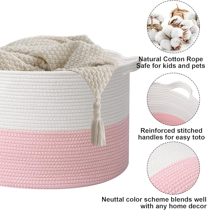 Large Storage Basket with Handle,23.6" x 23.6" x 15.7" Blanket Basket Storage Bins for Organizing,65L Cotton Rope Woven Baskets for Living Room, Nursery ,Bedroom,White&Pink