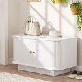 Fluted Entryway Bench with Shoe Storage, 31" W Small Shoe Bench with Sliding Door, Mud Room Benches with Seat, Upholstered Wooden Rack Organization for Living Room, Apartment, Dorm, White