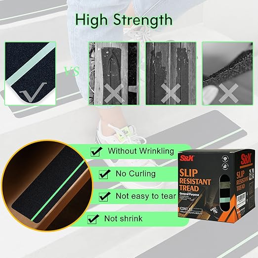 S&X Outdoor Stair Treads Non-Slip 12-Pack 4" x 24" Pre-Cut Anti Slip Tape, Glow-in-The-Dark Strip Grip Tape for Stairs,Steps,Wood,Concrete