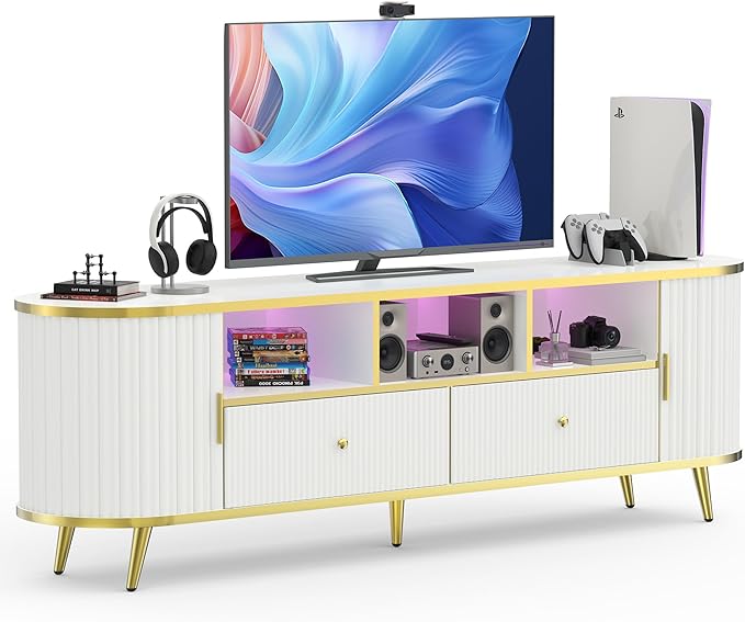 70 inch Fluted TV Stand, Luxury Modern TV Console & Media Entertainment Center for Living Room with Curved Profile, 2 Drawers, Storage Cabinet, and LED Lights, White, Holds TVs Up to 80"