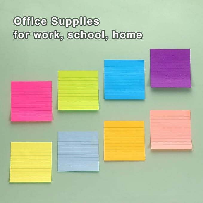 Eastern Wolf 8 Pads Lined Sticky Notes 4x4 Sticky Notes with Lines Self-Stick Note Pads 8 Bright Multi Colors, 50 Sheet/Pad