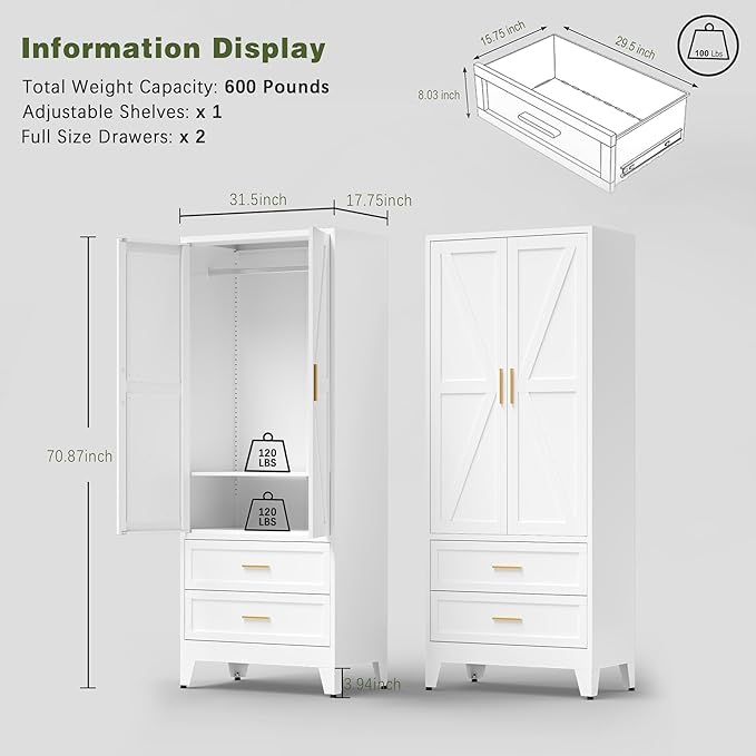 COFaR 71 Farmhouse Metal Wardrobe Closet with Hanging Rod
