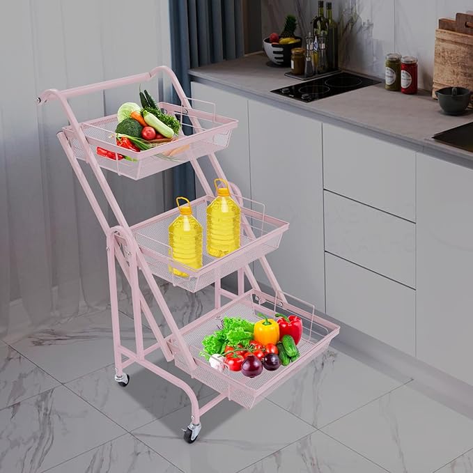 3 Tier Rolling Utility Cart with Wheels, Metal Rolling Foldable Storage Shelves, Adjustable Tilt Angle Storage Organizer for Living Rooms, Kitchens, Bathrooms (Pink)