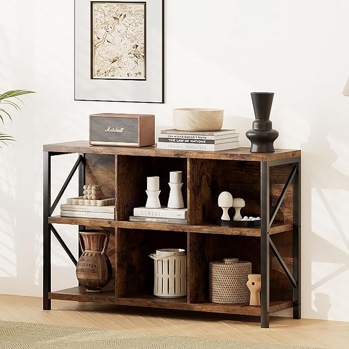 6 Cube Storage Organizer Bookshelf, Industrial Horizontal Bookcase, Accent Cubby Shelf, Media Console Table for Living Room, Home Office, 13.6" D x 47.2" W x 30.9" H, Rustic Brown