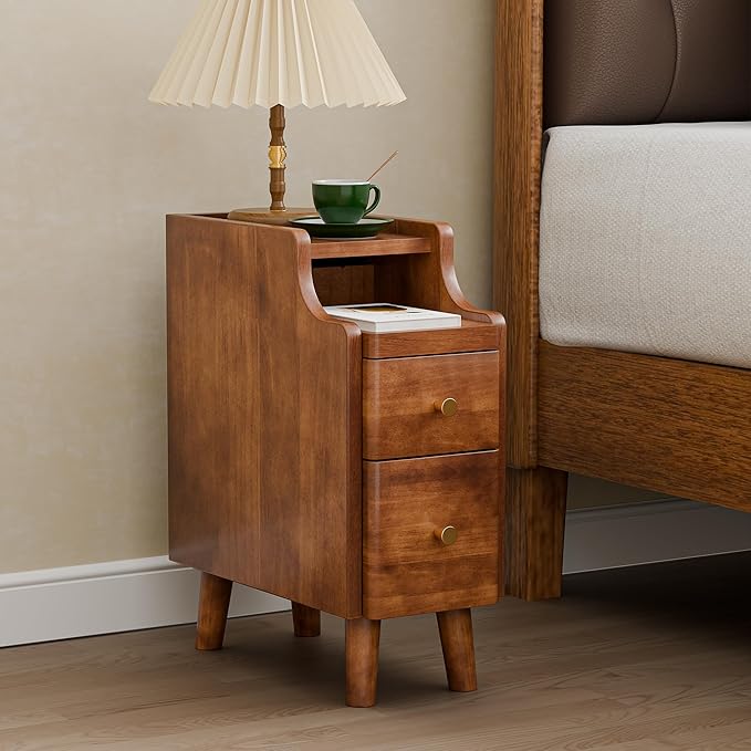 Narrow Nightstand Set of 2, 19.7" H Pre-Assembled Solid Wood Small Skinny Night Stand with Drawers, Open Sliding Shelf, Mid Century Modern Slim Bedside Table for Bedroom, Sofa End Side Table, Walnut