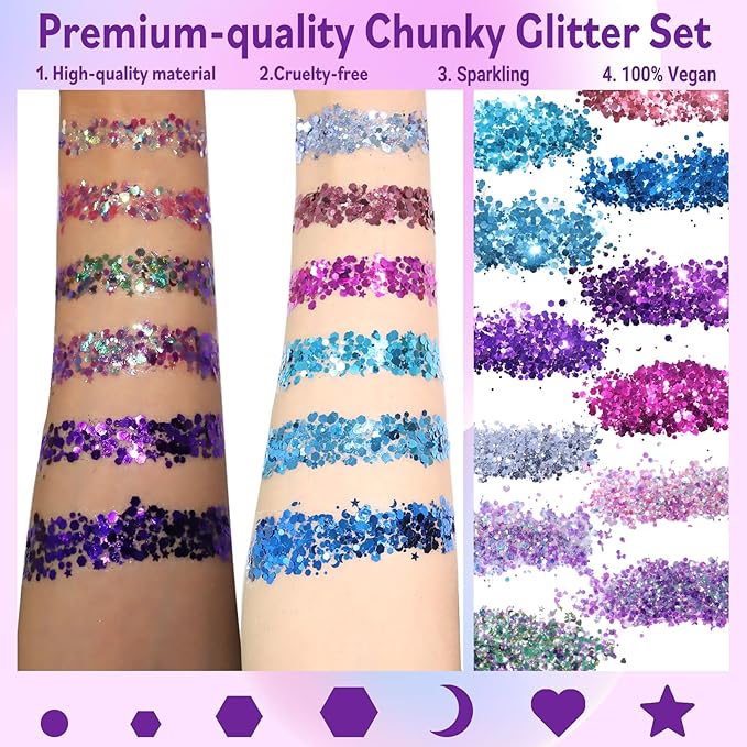 Allstarry Holographic Chunky Body Glitter 12 Colors Cosmetic Face Glitter Makeup Colorful Mermaid Sequins Hair Face Paint Sparkling Festival Outfits Rave Accessories for Women Makeup