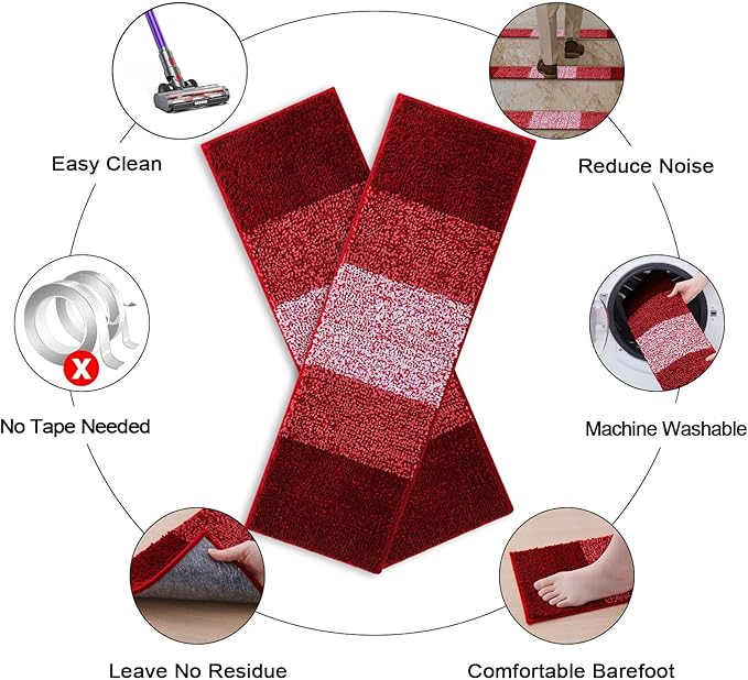 OLANLY Stair Treads Non Slip 15PCS, 8" x 30" Indoor Stair Runners for Wooden Steps, Edging Stair Rugs with Reusable Peel and Stick Adhesive for Kids Elders and Pets, Burgundy