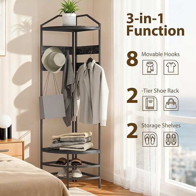 HOMCOM Corner Hall Tree, Industrial 4-Tier Coat Rack with Shoe Storage, 8 Movable Hooks and 2 Storage Shelves, Freestanding Entryway Coat Rack with Steel Frame for Hallway, Black