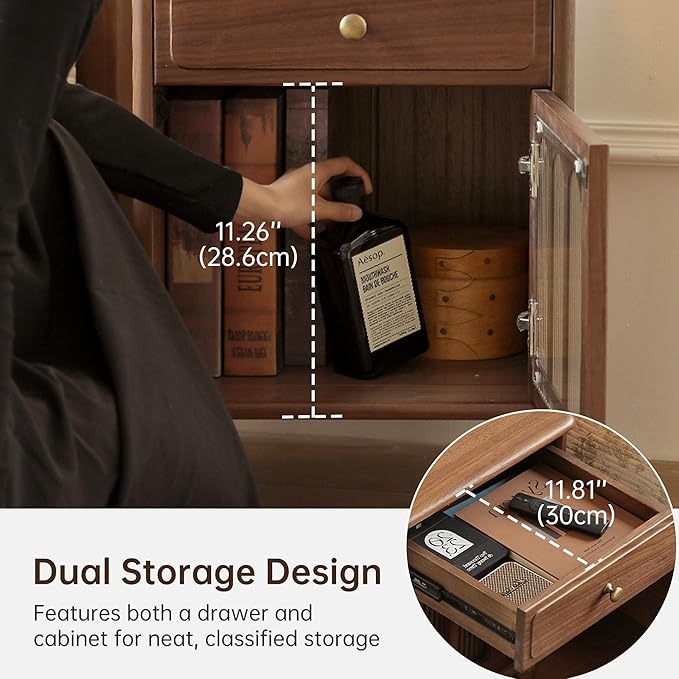 YESWOOD 100% Solid Wood Nightstand, Walnut Nightstands with Drawer, Mid Century Modern Night Stand, Wooden Night Stands with Glass Door, Small Bedside Tables for Bedroom(16.54" x 15.75" x 22.83"H)