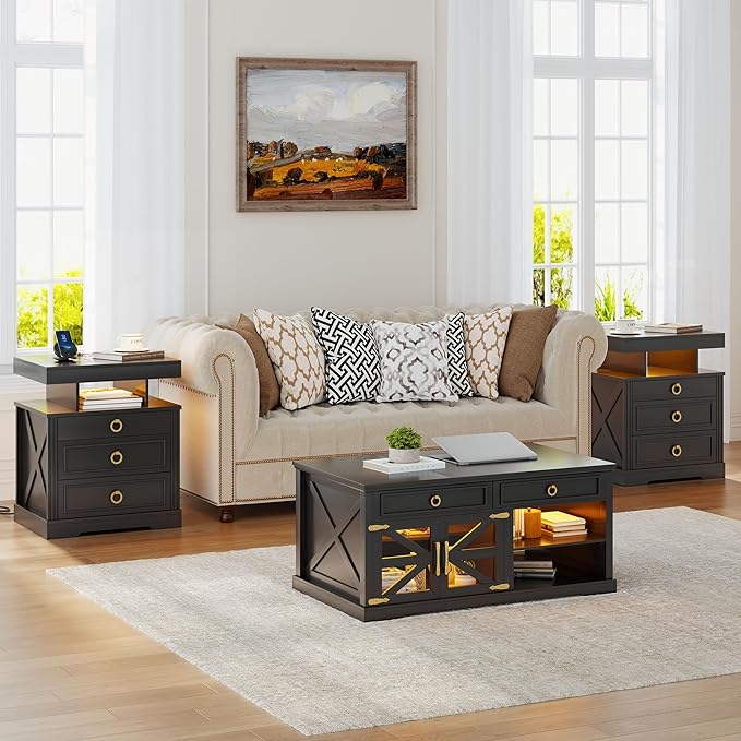 Gurexl Farmhouse Night Stand with Lockable Gun Drawer,LED Nightstand with Charging Station,Bedside Table with Human Sensor 3-Color Lights,End Table with 3 Drawers,Bedroom,Black