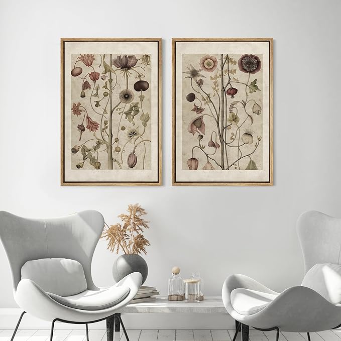 MUDECOR Framed Canvas Print Wall Art Wildflower Floral Botanical Nature Illustration Modern Art Decorative Multicolor Geometric Minimal for Bedroom - 16"x24"x2 Natural