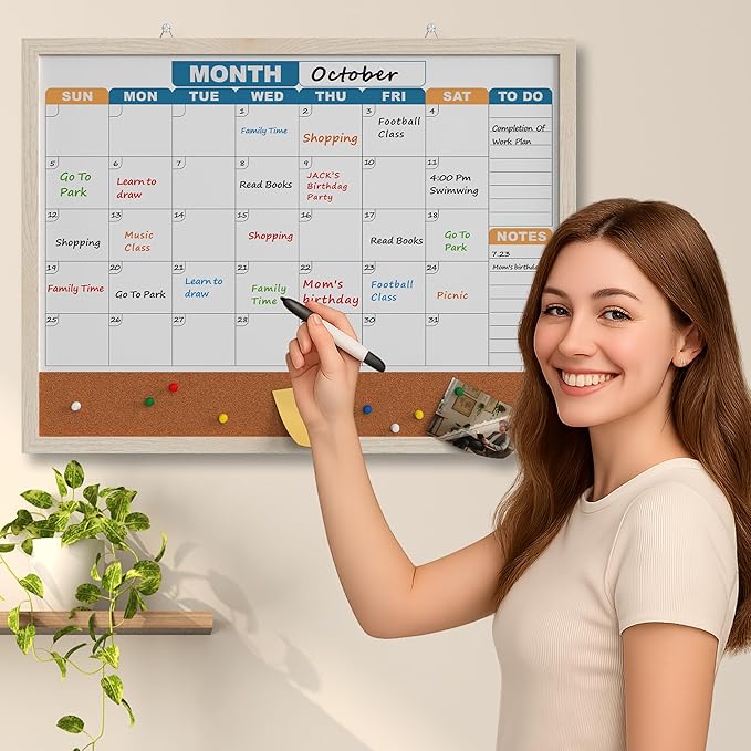 Monthly Calendar Dry Erase Board 24x18 Inch, Double-Sided Whiteboard and Corkboard Combo with White MDF Frame (Color Calendar), Wall Mounted Planner with Marker, Magnet, Push Pin, Eraser