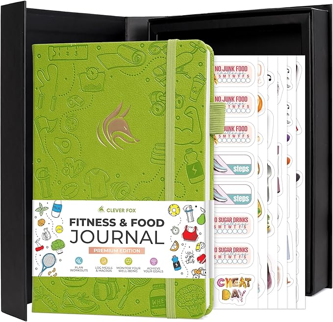 Clever Fox Fitness and Food Journal Premium – Guided Daily Workout, Meal & Weight Loss Tracker for Women & Men – Exercise Diet Planner (Apple Green)