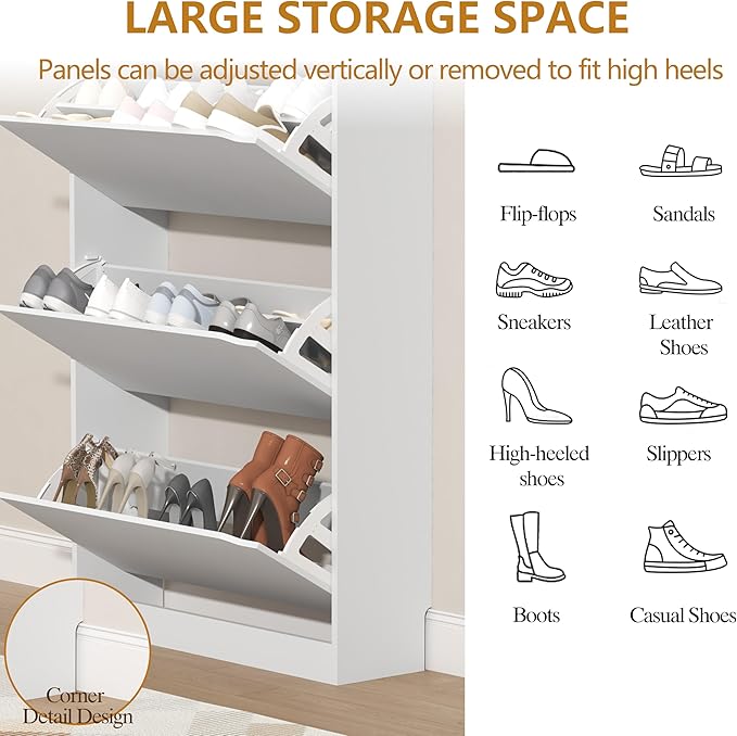 Tall Shoe Cabinet with Coat Rack, Hidden Shoe Storage Cabinet with Doors & Drawer, Hanging Bar & Hooks, Slim Narrow Freestanding Shoe Rack Organizer for Entryway, Hallway & Living Room, White