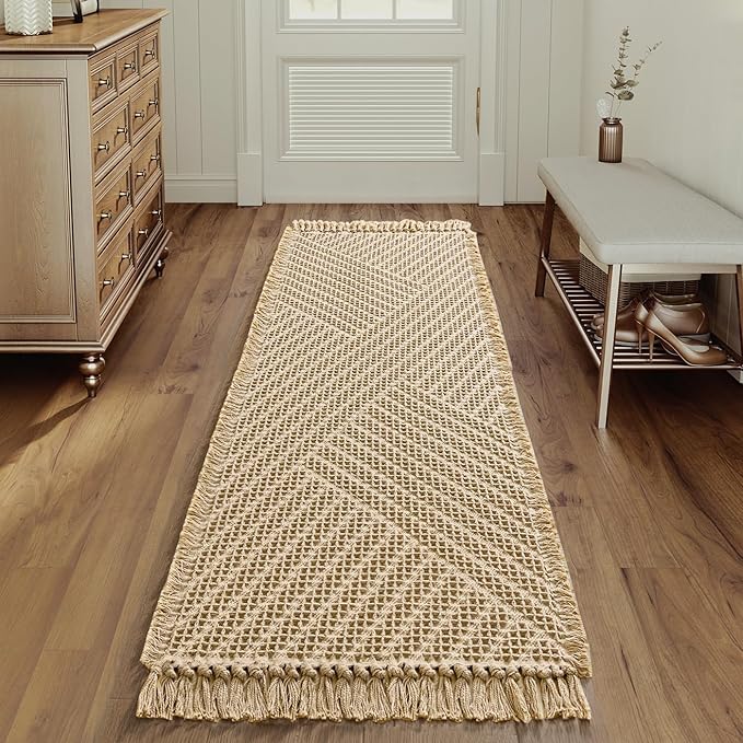 H.VERSAILTEX Waffle Bath Runner Rug Long Bath Mat Super Absorbent Boho Bath Rugs Non Slip Bath Runner for Bathroom Floor Machine Washable Dry Fast Bathroom Rugs with Tassels, 24" x 72", Sand