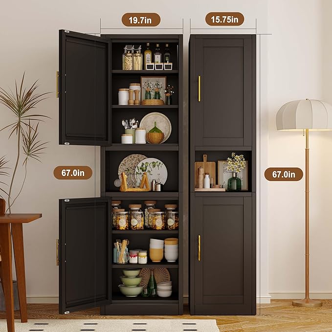 67" Tall Narrow Storage Cabinet Metal Bathroom Cabinet with 2 Doors & 4 Adjustable Shelves, Standing Pantry Cabinets Cupboard for Kitchen, Dining Room, Living Room and Bathroom (Black)