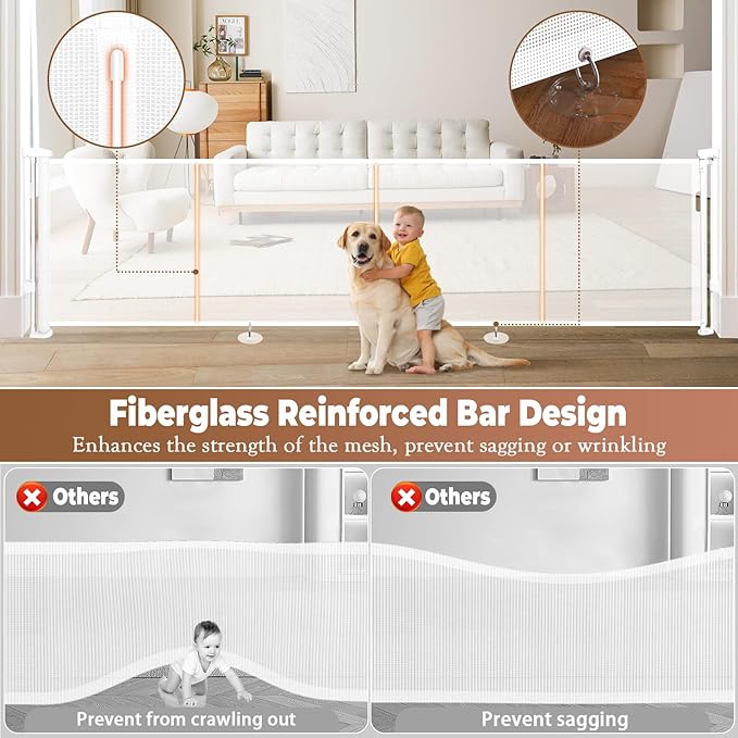 160" Retractable Baby Gate Extra Wide, 41" Tall Retractable Dog Gate for Stairs, Doorways, Decks, Mesh Gate Long Child Gate Pet Gate for Indoor, Outdoor, with Reinforced Mesh Rods, Dual Locks