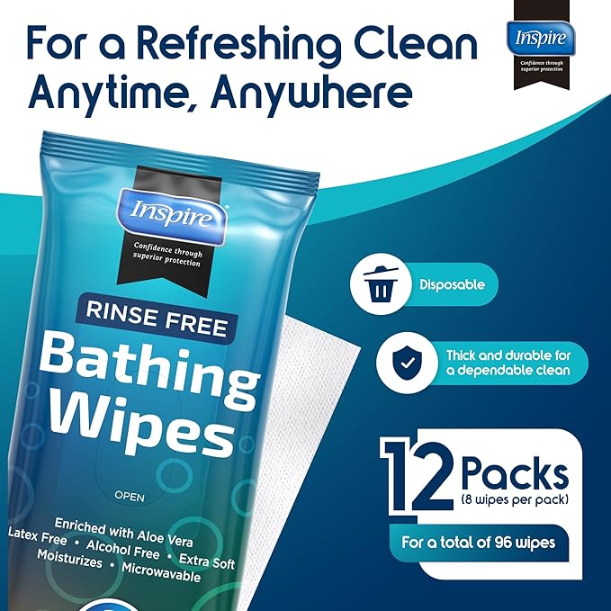 Body Wipes for adults bathing no rinse | Adult Wash Cloths Extra Large, Bathing Wipes for Incontinence With Aloe Vera, 8"x 8" In (96 count) | By Inspire