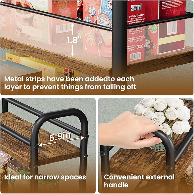 Slim Storage Cart, 4-Tier Narrow Rolling Cart with Handle, 5.9 Inches Deep, Slim Bathroom Shelf for Small Spaces, Kitchen, Dining Room, Living Room, Bathroom, Laundry Room, Rustic Brown