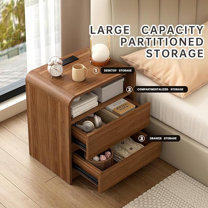Walnut Nightstand with Charging Station, 21 Inch Wide Night Stand with Deep Drawers, Modern Bedroom Bedside End Table with Rounded Corners Anti-Collision Design for Dorm, Sofa, Office