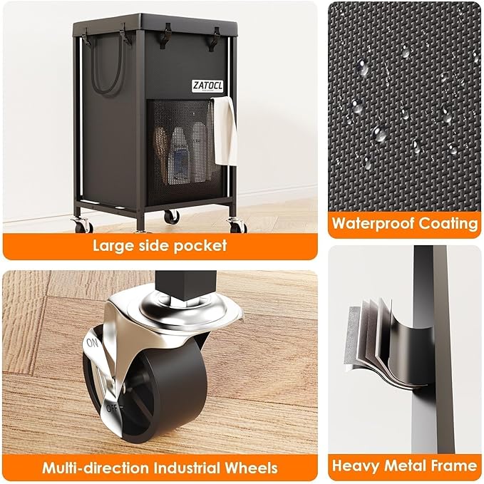 42 Gal Laundry Basket with Wheels, Heavy Duty Rolling Laundry Hamper, Oxford Fabric Dirty Clothes Hamper with Thick Iron Frame & Removable Bag, Large Hampers for Bathroom Bedroom Aesthetic, Black