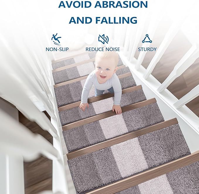 OLANLY Stair Treads Non Slip 15PCS, 8" x 30" Indoor Stair Runners for Wooden Steps, Edging Stair Rugs with Reusable Peel and Stick Adhesive for Kids Elders and Pets, Light Grey