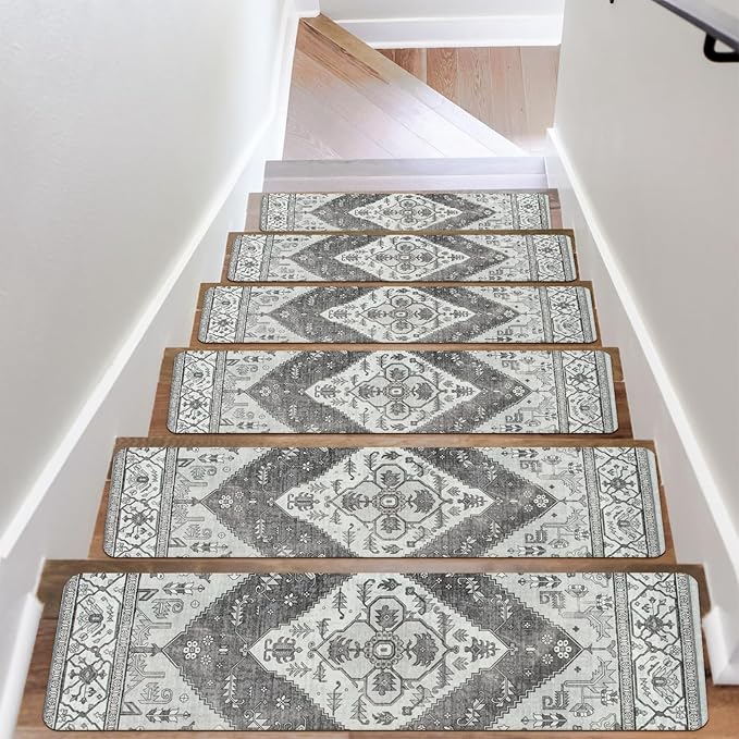 OJIA Extra Non-Slip Stair Treads for Wooden Steps, 30"X8" Indoor Stair Runners Slip Resistant Stair Rugs Safety Mats for Dogs, Kids & Elders, Rubber Backed Stair Treads Stair Covers (15PC, Gray)