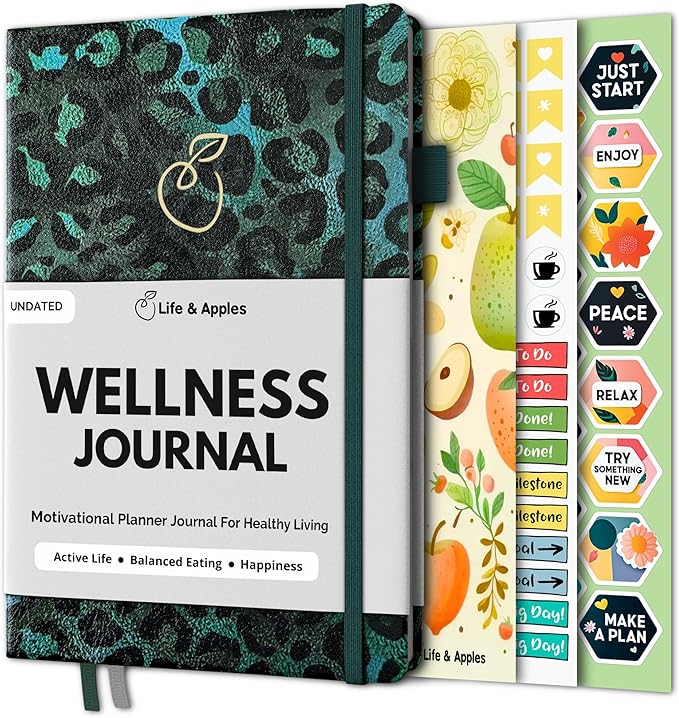 Life & Apples Daily Wellness Journal - Guided Journal & Planner for Wellbeing, Gratitude & Healthy Routines | Food & Fitness Journal, Habit Tracker, Weight Loss Diary | Undated A5 Leopard