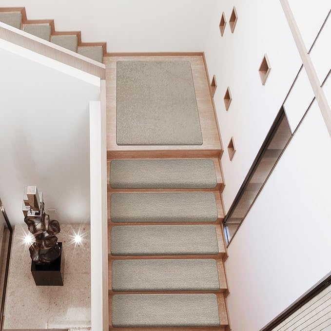 PURE ERA Carpet Stair Treads Ultra Plush 9.5" X 30"Soft Bullnose Indoor Stair Protectors Pet-Friendly Non-Slip Skid Resistant Tape Free Washable Reusable(2 Pieces, Cream Gray)