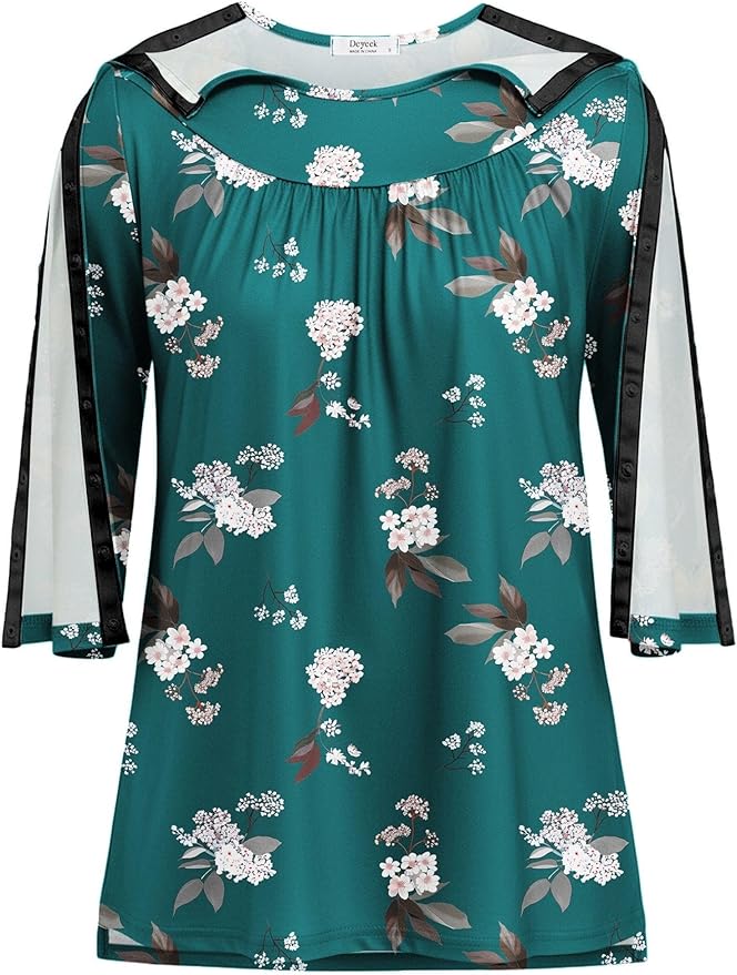 Deyeek Post Shoulder Surgery Shirt for Women Chemo Tear Away Shirt Snap Button 3/4 Sleeve Recovery Adaptive Clothing